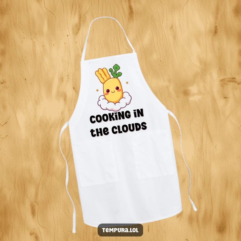 Funny Apron depicting a smiling tempura vegetable character floating on a cloud while cooking.