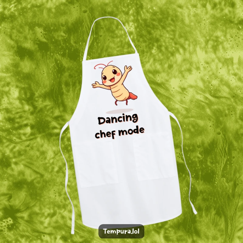 Funny apron showing a Kawaii tempura shrimp character doing a cheerful, energetic dance.