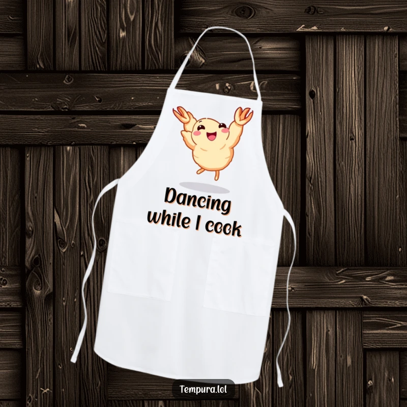 Funny Dancing Shrimp Apron: A tempura shrimp with tiny legs joyfully dances, a funny and functional kitchen accessory.