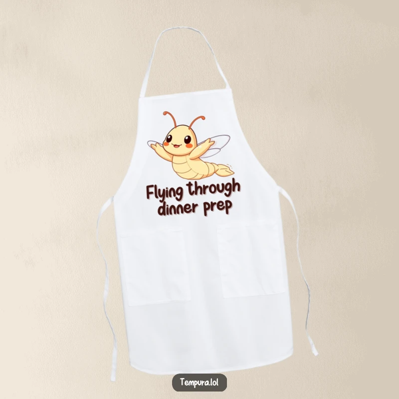 Funny Flying Tempura Shrimp Apron, depicted attempting to fly, adding a humorous and motivational touch to cooking adventures.