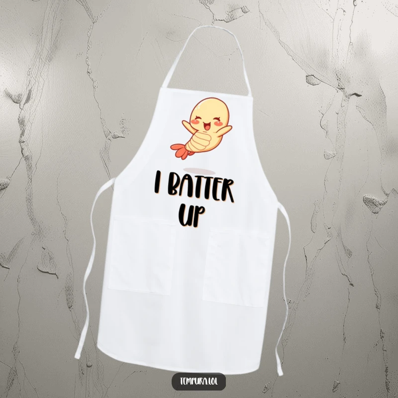 Funny tempura shrimp apron depicting a happy, jumping shrimp character, ready for kitchen adventures.