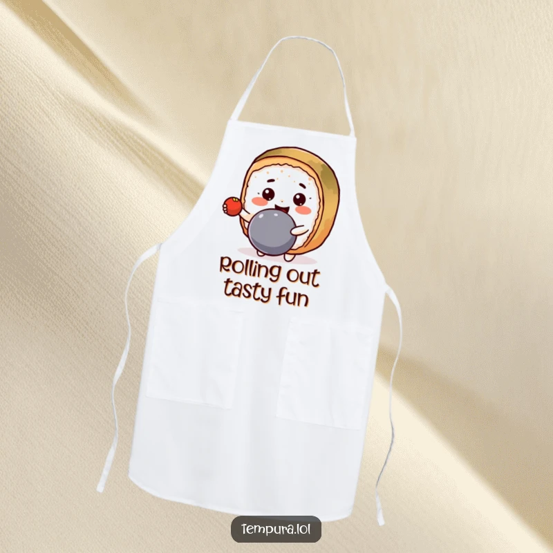 Funny Apron featuring a smiling Kawaii sushi roll character bouncing a ball during cooking.