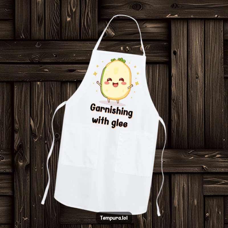 Funny Sparkling Veggie Slice Apron: A happy tempura vegetable slice juggling sparkles, designed to bring humor and joy to kitchen activities.