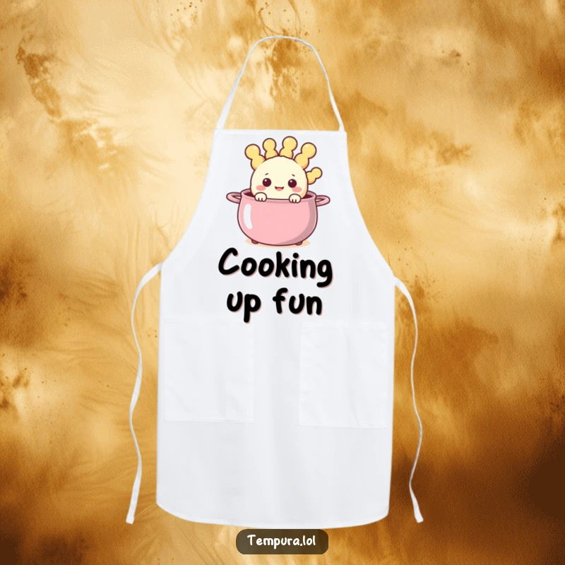 Funny happy tempura character peeking out from a steaming, cheerful pot on a cooking apron, adding warmth to the kitchen.