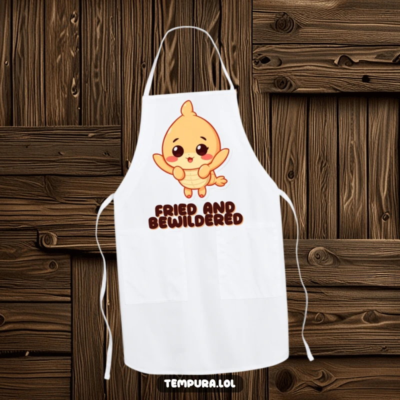 Funny Surprised Shrimp Apron: A tempura shrimp showing a surprised expression, adding humor and protection to your cooking attire.