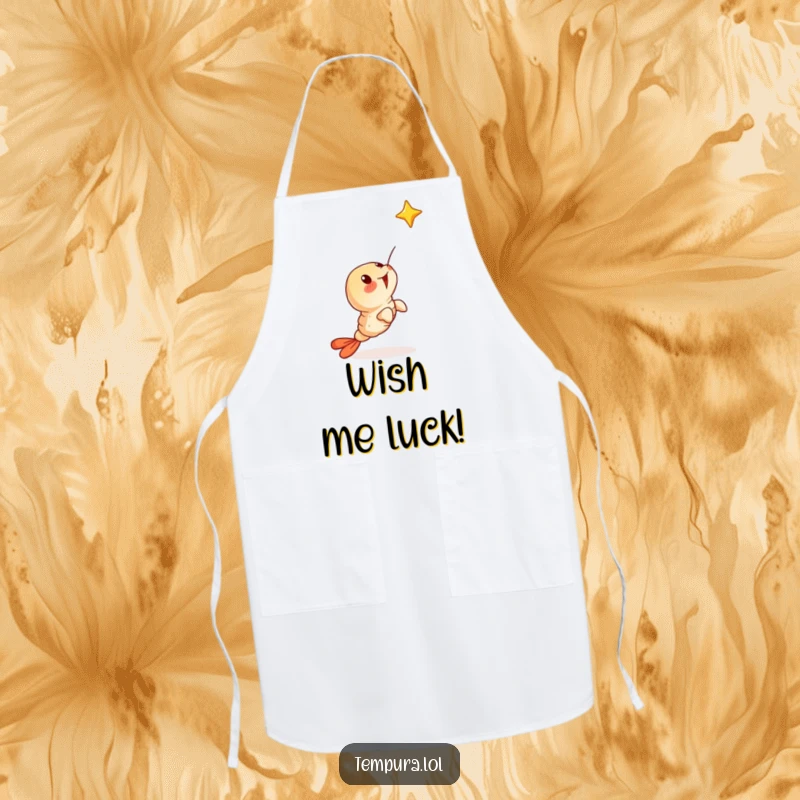 Funny apron with a surprised tempura shrimp character looking up at a falling star, bringing wonder to the kitchen.