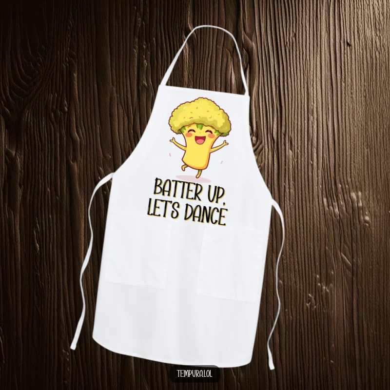 Funny Tempura Broccoli Dance Apron: A grinning tempura broccoli illustration encouraging a joyful dance while cooking, making it a humorous kitchen essential.
