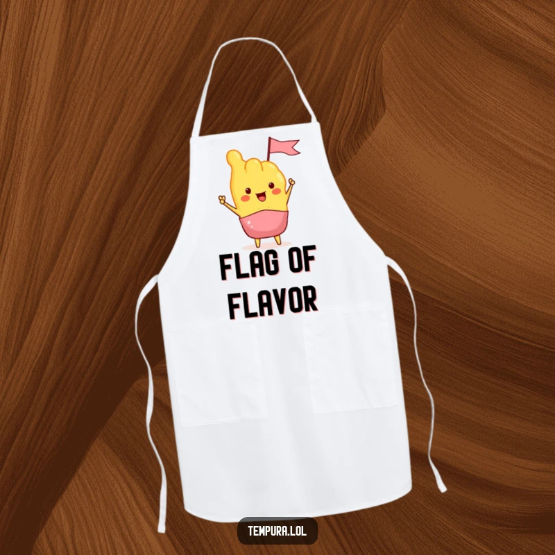 Funny Tempura Apron featuring a tempura piece enthusiastically waving a tiny flag, a humorous and festive kitchen accessory for food lovers.