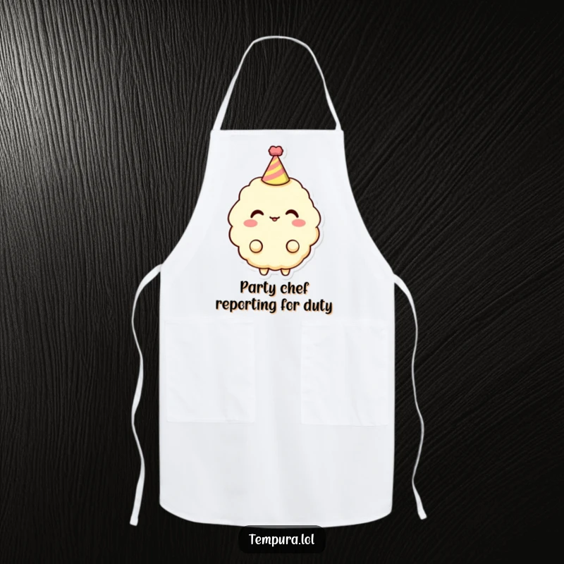 Funny Tempura Character Apron: A tempura piece wears a small party hat, bringing humorous festivity to your cooking.