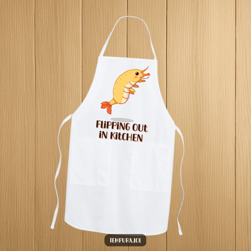 Funny Tempura Shrimp Apron: A crispy shrimp doing a cartwheel, adding humor and protection to your kitchen adventures.