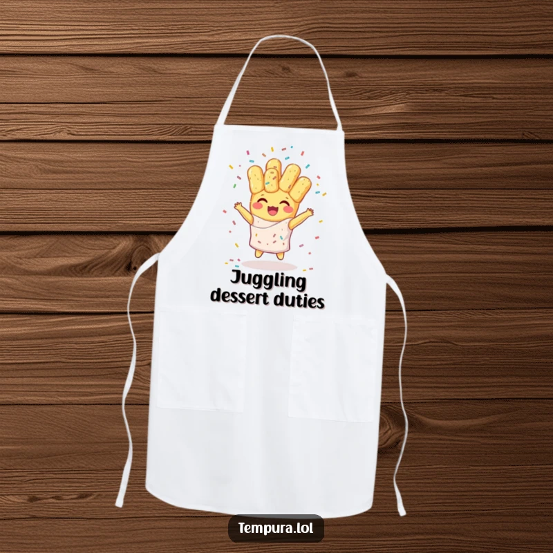 Funny apron showcasing a happy tempura character juggling colorful sprinkles, ideal for a humorous and practical kitchen accessory.
