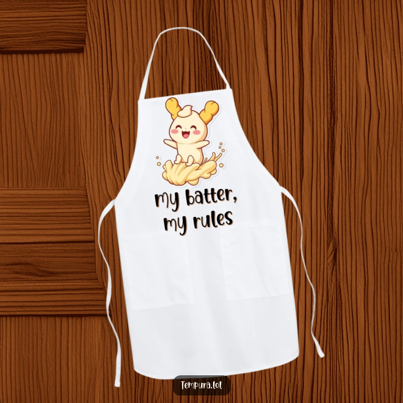 Funny tempura character joyfully riding a playful wave of batter on a cooking apron, adding humor to meal prep.
