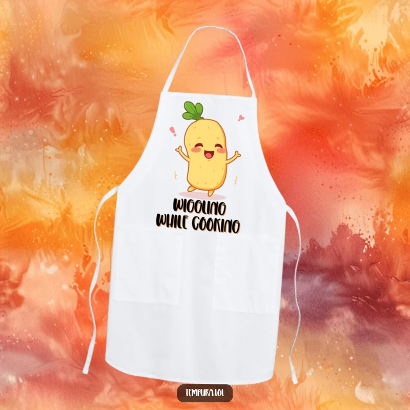 Funny Wiggling Veggie Apron: A happy tempura vegetable character wiggles, adding humor and protection to your cooking attire.