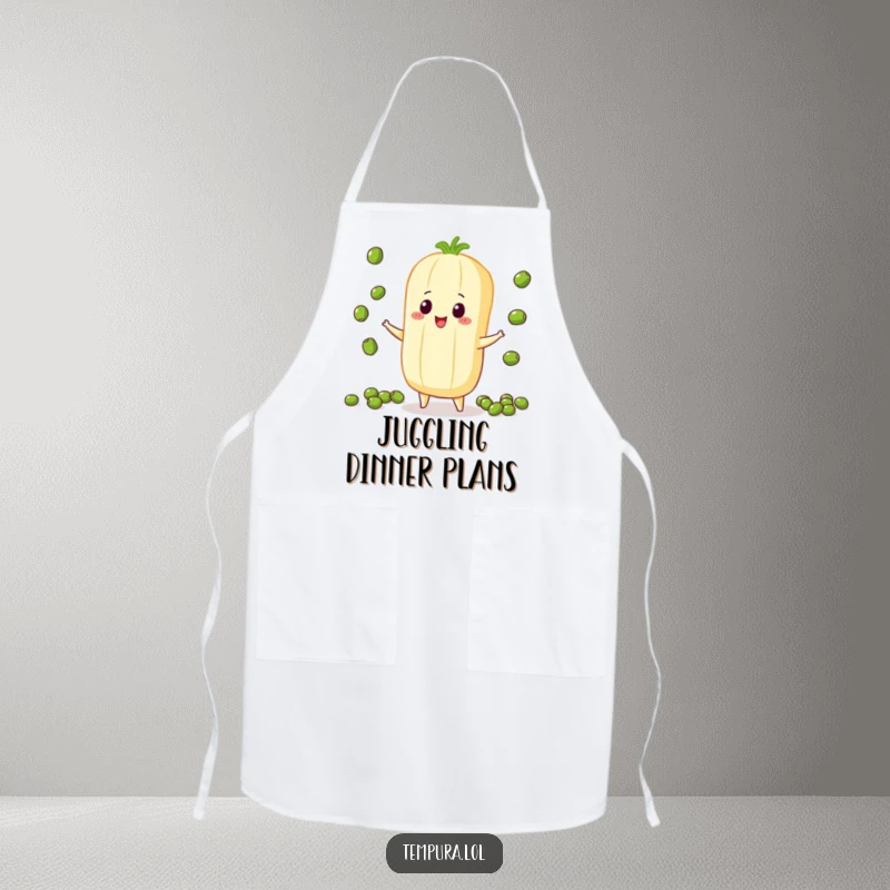 Funny Juggling Vegetable Apron, depicted juggling small peas, adding a humorous and skillful touch to cooking adventures.