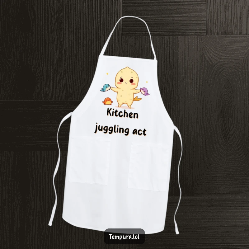 Funny tempura apron featuring a tempura character juggling three tiny sea creatures, ready for kitchen adventures with skill and humor.
