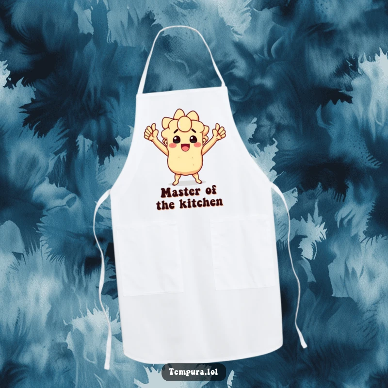 Funny apron featuring a triumphant tempura character striking a victorious pose, celebrating kitchen conquests with humor.