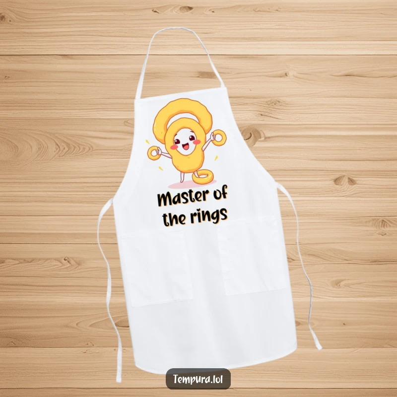 Funny Apron: A happy tempura onion ring juggling smaller rings, perfect for a humorous cooking experience.
