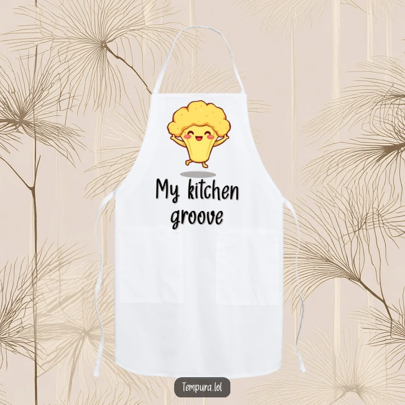 Funny apron featuring a smiling tempura broccoli character dancing on little legs, making kitchen duties amusing and healthy.