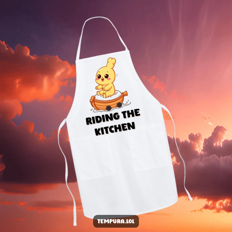 Funny tempura character riding a sushi boat on a practical apron, perfect for culinary adventures and kitchen fun.