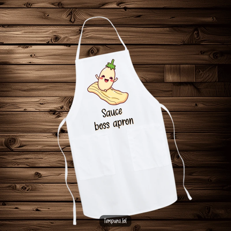 Funny Apron: A happy tempura eggplant gleefully sliding down a sauce slide, perfect for a humorous cooking experience.