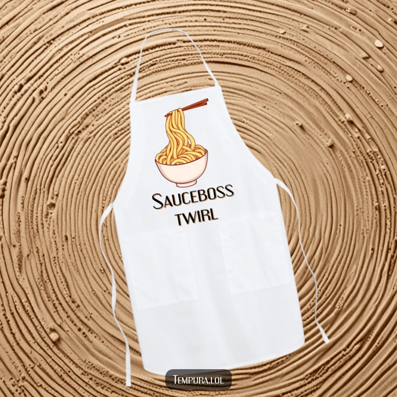 Funny tempura udon noodle apron displaying a playful, twirling noodle character, ideal for chefs.