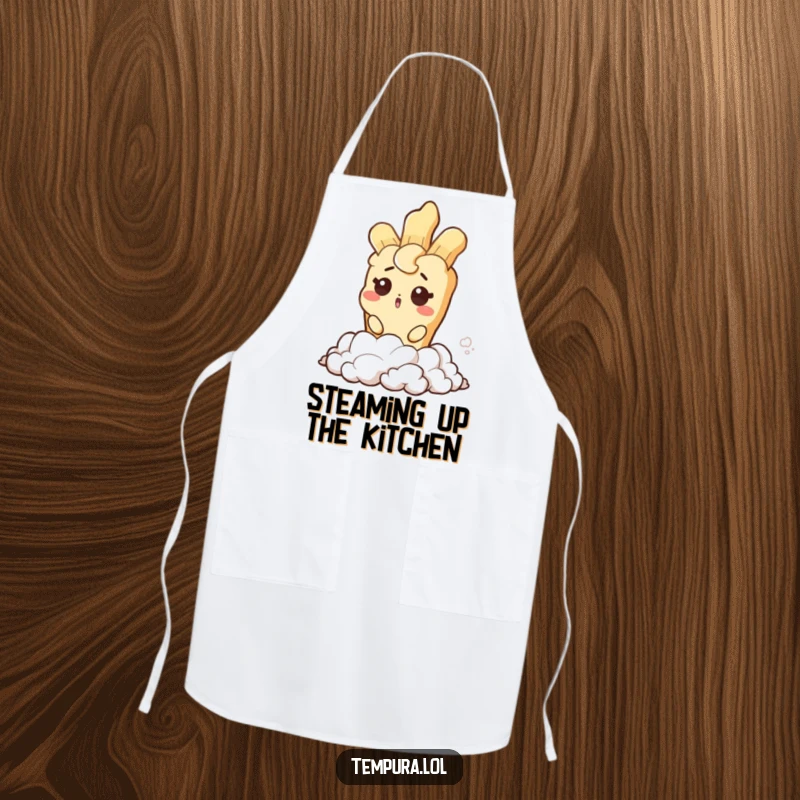 Funny apron designed with a tempura character winking as they emerge from steam, ideal for a humorous and practical kitchen accessory.