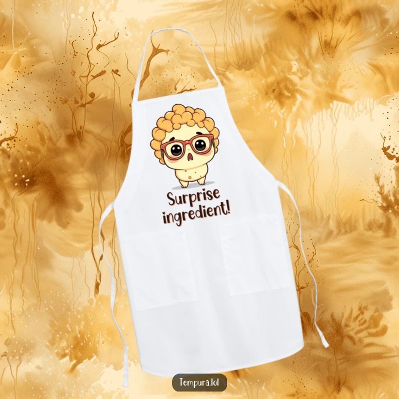 Funny tempura character wearing oversized, funny glasses, looking comically shocked, a humorous cooking apron.