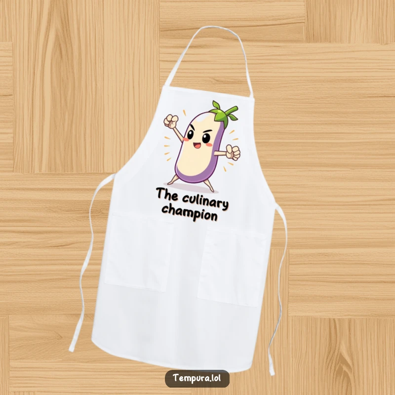 Funny Heroic Tempura Eggplant Apron with a tempura eggplant character in a dramatic, heroic pose, adding a humorous and epic theme to kitchen wear.