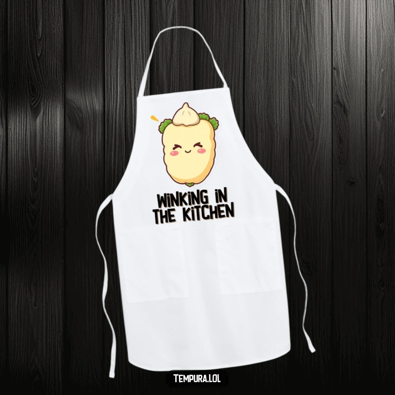 Funny tempura vegetable winking on an apron, designed for hilarious kitchen adventures and culinary protection.