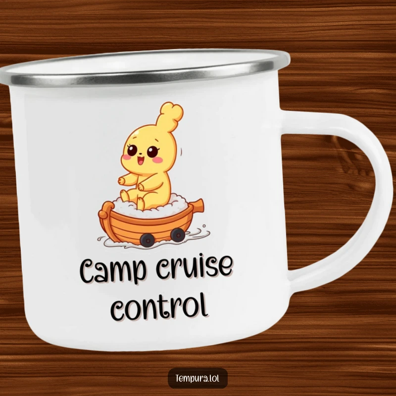 Funny tempura character riding a small sushi boat on a rugged camping mug, perfect for outdoor enjoyment.