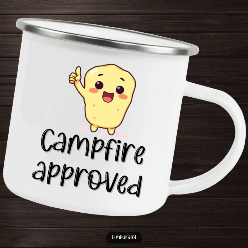Funny Tempura Thumbs-Up Camping Mug with a tempura character giving an excited thumbs-up, perfect for outdoor fun with a humorous, approving theme.