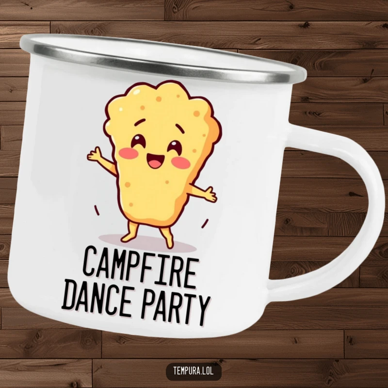 Funny Silly Dance Batter Camp Mug: A tempura batter character dances a silly dance, designed for outdoor use and humorous enjoyment.
