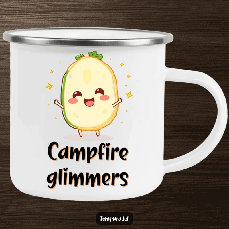 Funny Sparkling Veggie Slice Camping Mug: A happy tempura vegetable slice juggling sparkles, designed for outdoor use and adding whimsical humor.