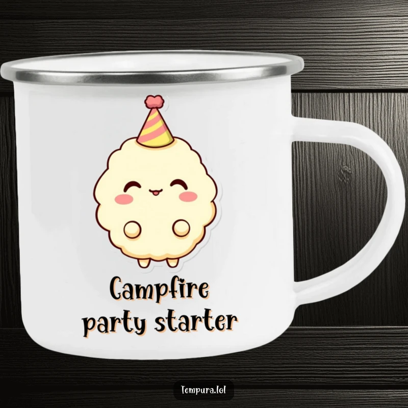 Funny Tempura Character Camping Mug: A tempura piece wears a small party hat, bringing humorous celebration to your outdoor enjoyment.