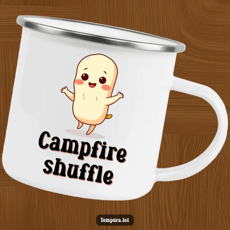 Funny tempura camping mug with a smiling tempura character performing a lively silly dance, ready for adventure and morning brews.
