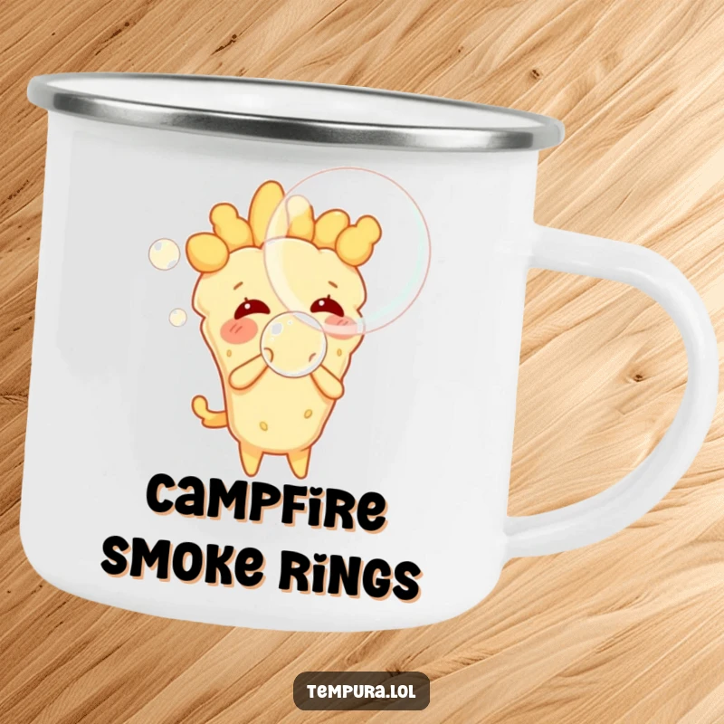 Funny tempura character joyfully blowing a giant bubble, rugged camping mug for outdoor adventures and humor.