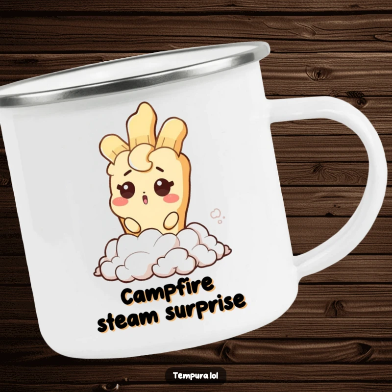 Funny camping mug featuring a tempura character with a surprised wink emerging from steam, ideal for outdoor enthusiasts who enjoy humor.