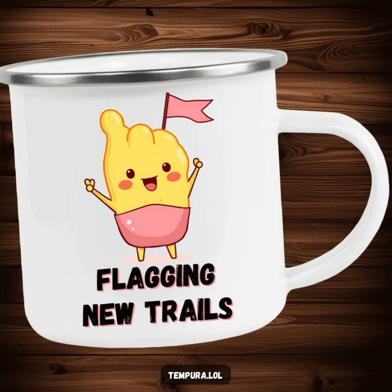 Funny Tempura Camping Mug showing a tempura piece enthusiastically waving a tiny flag, ideal for outdoor food lovers who enjoy humor.