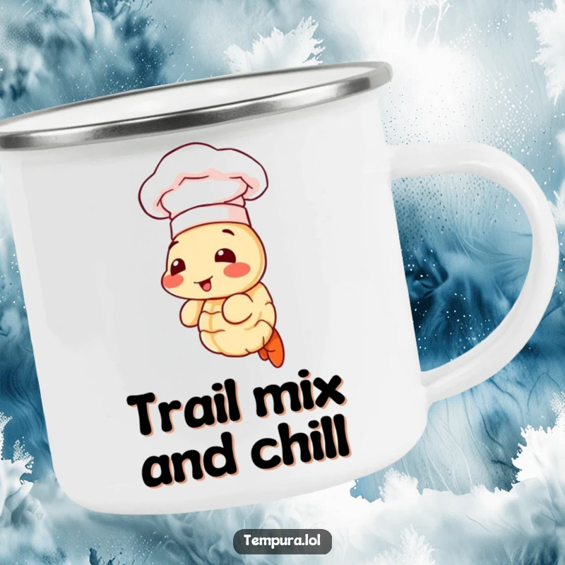 Funny camping mug with a hardy tempura shrimp wearing a chef hat, ready for campfire stories and hot drinks.