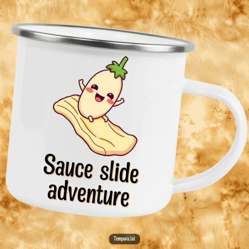 Funny Camping Mug: A happy tempura eggplant sliding down a sauce slide, perfect for humorous outdoor enjoyment.