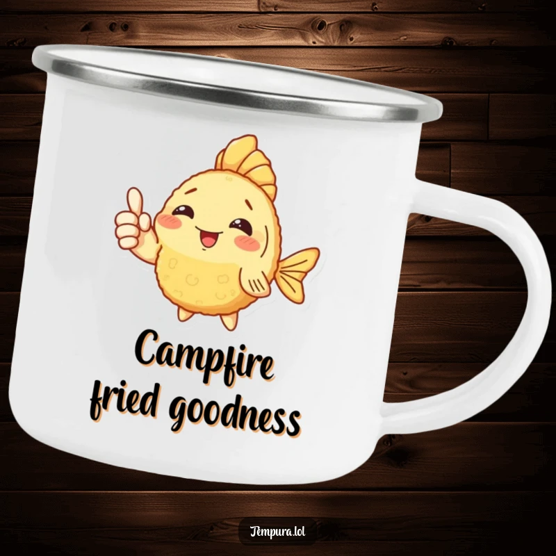 Funny Fish Tempura Camping Mug: An enamel mug with a fish tempura character giving a funny thumbs up.