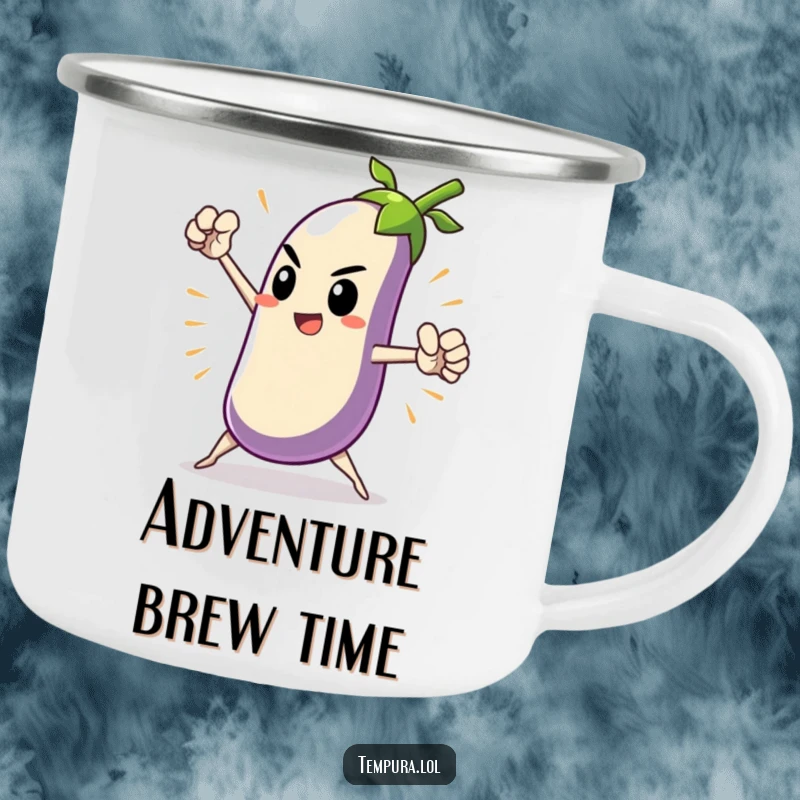 Funny Heroic Tempura Eggplant Camping Mug with a tempura eggplant character in a dramatic, heroic pose, perfect for outdoor adventures with a humorous, epic theme.