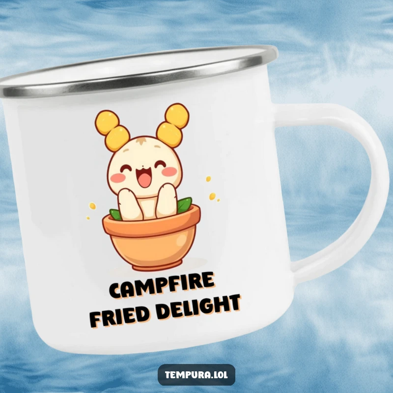 Funny Tempura Camping Mug: A durable camping mug featuring a funny piece of tempura jumping into a pot, ready for adventures.