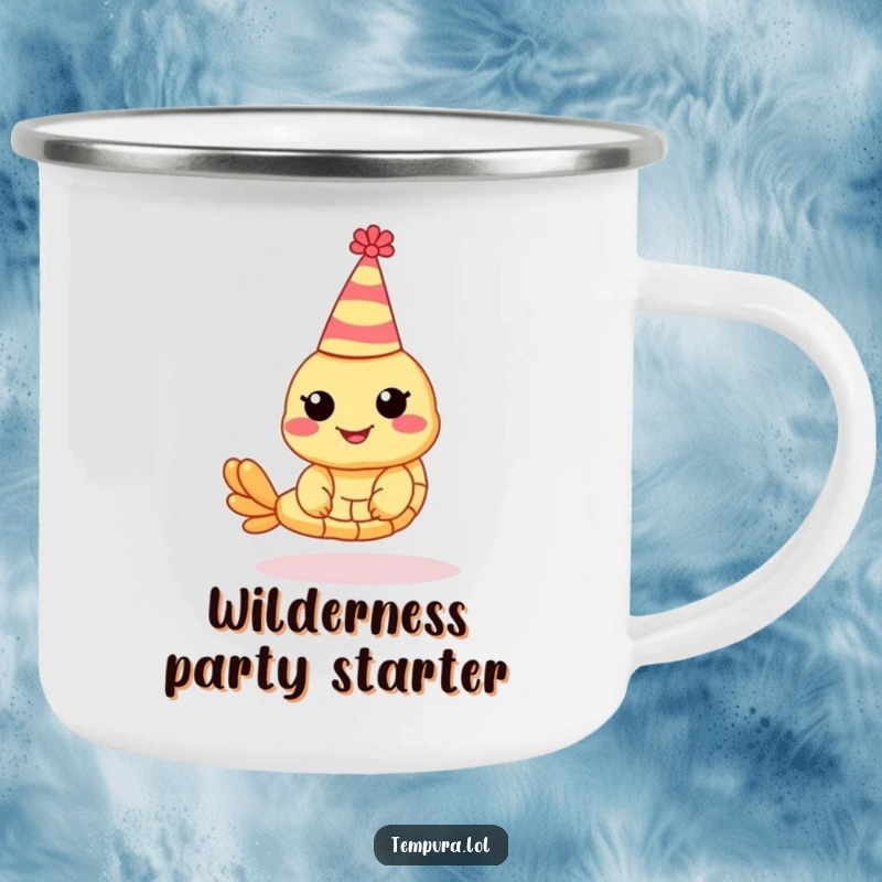 Funny Shrimp Tempura Camping Mug: An enamel mug featuring a shrimp tempura character wearing a funny party hat.
