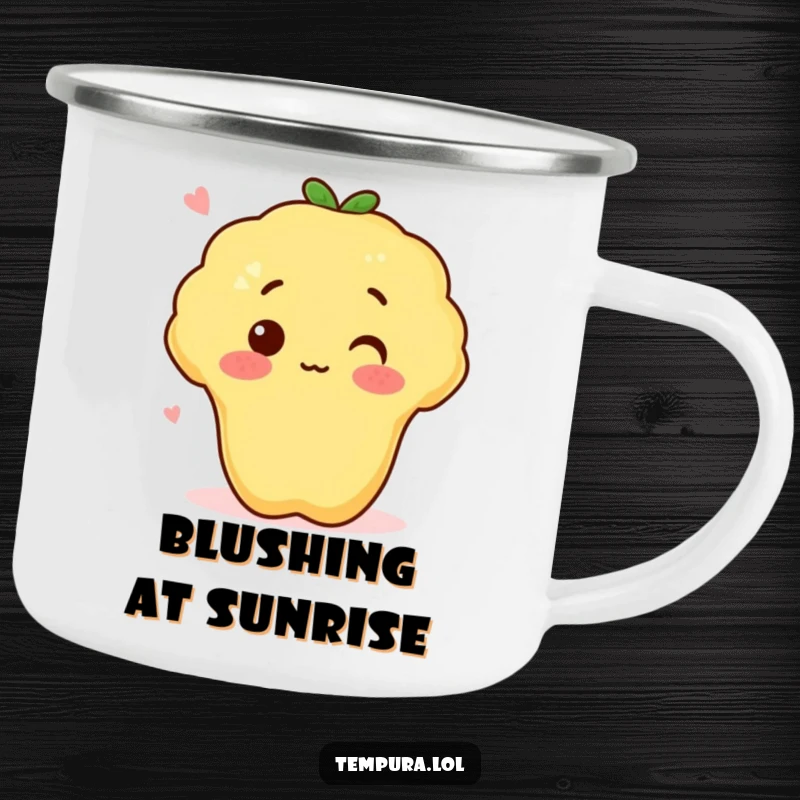 Funny tempura sweet potato with a surprised blush on a durable camping mug, ready for outdoor fun and laughs.
