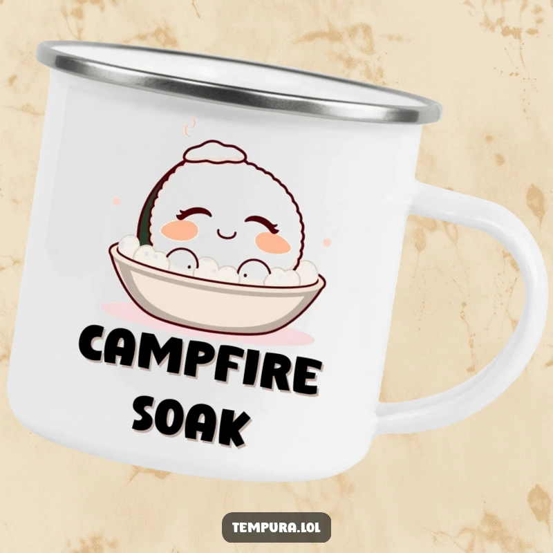 Funny smiling sushi with eyes closed, enjoying a warm bath, a durable and humorous camping mug.