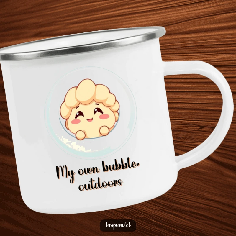 Funny camping mug featuring a tempura character with a cheeky grin peeking from a bubble, perfect for outdoor enthusiasts who love humor.