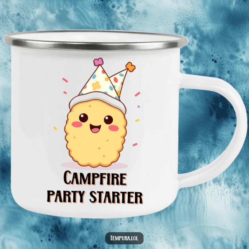 Funny tempura character in a party hat with confetti, smiling enthusiastically on a rugged camping mug, ready for adventure.
