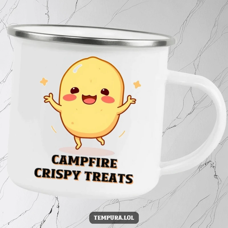 Funny Tempura Sweet Potato Camping Mug: An enamel mug with a tempura sweet potato character doing a funny happy dance.