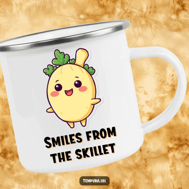 Funny Tempura Vegetable Camping Mug, shown with a big, happy smile, making outdoor moments more joyful and memorable.